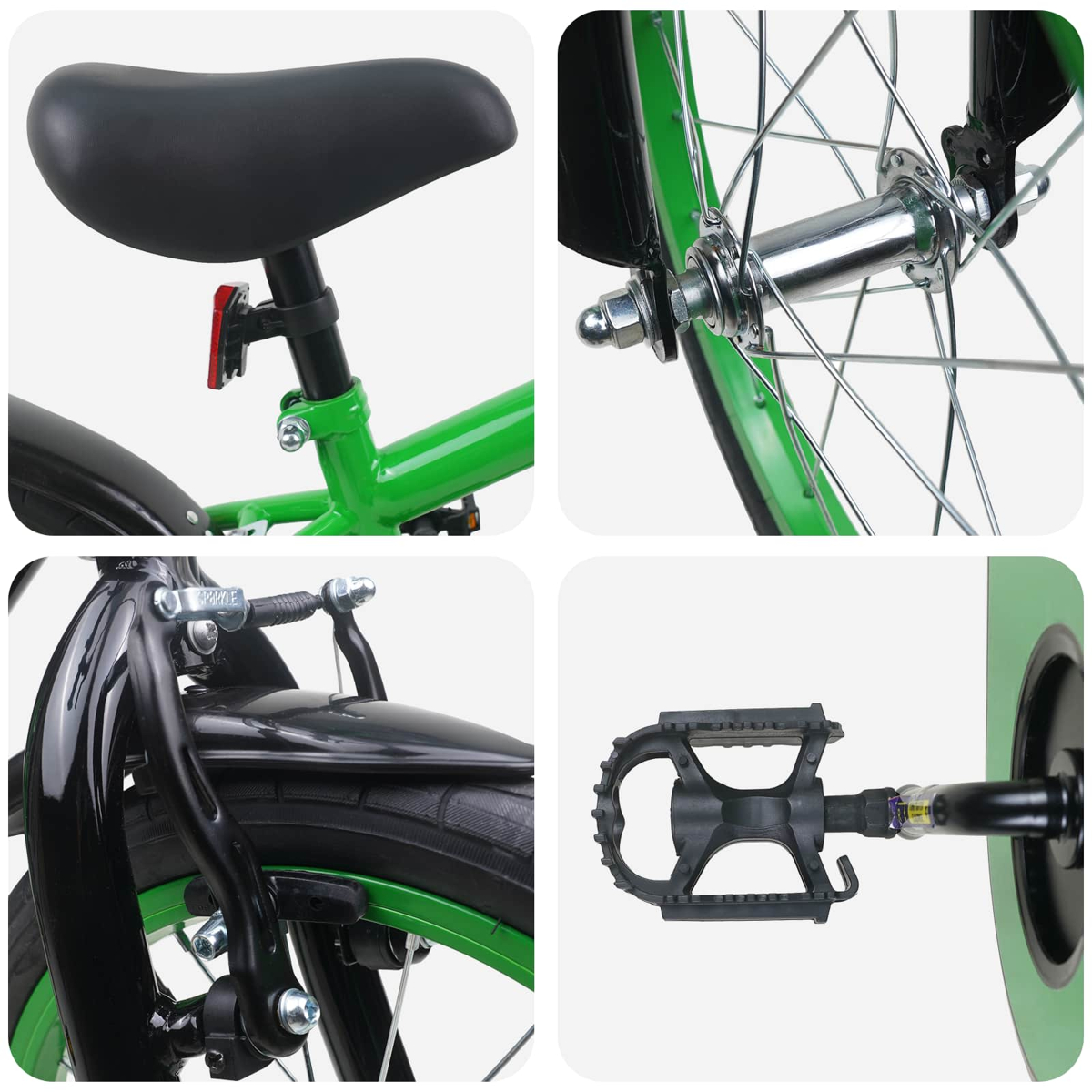 Collage von Fahrradteilen: Sattel, Vorderradnabe, Vorderradbremse und Pedal.