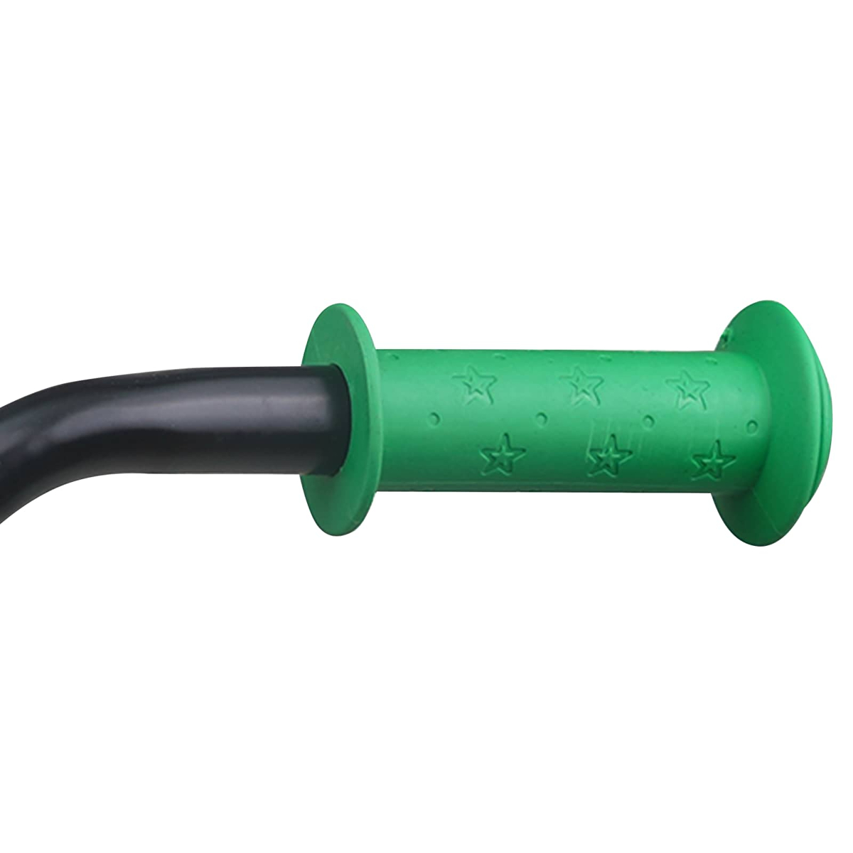 Grüner Fahrradgriff mit Sternenmuster und schwarzer Stange.