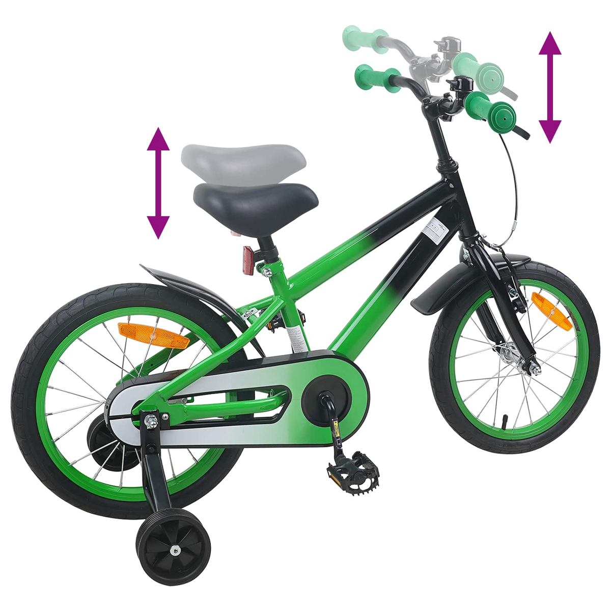 Ein grünes und schwarzes Kinderfahrrad mit Stützrädern, verstellbarem Sattel und Lenker.