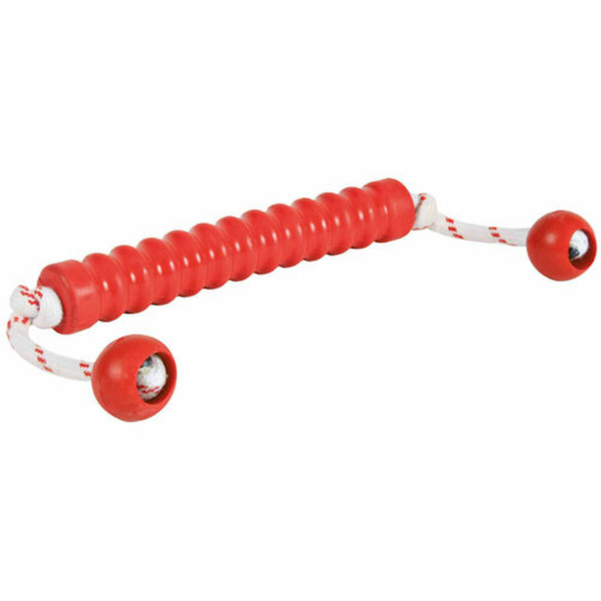 Rotes Hundespielzeug mit geriffelter Stange und Seil mit Bällen.