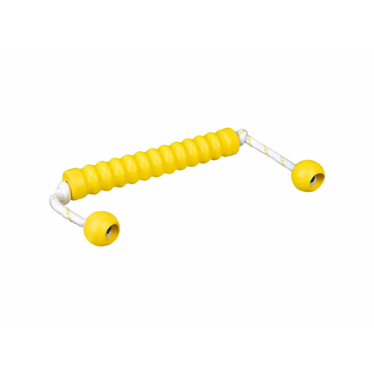 Ein gelbes, geriffeltes Spielzeug mit Seil und Kugeln.