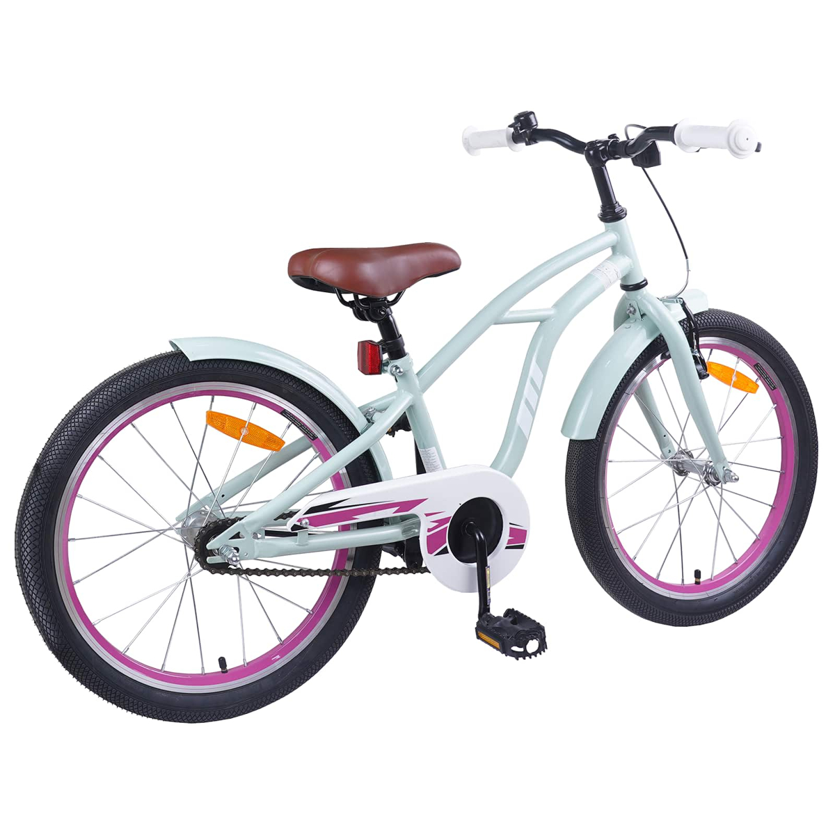 Ein hellgrünes Kinderfahrrad mit braunem Sattel und rosa Felgen.