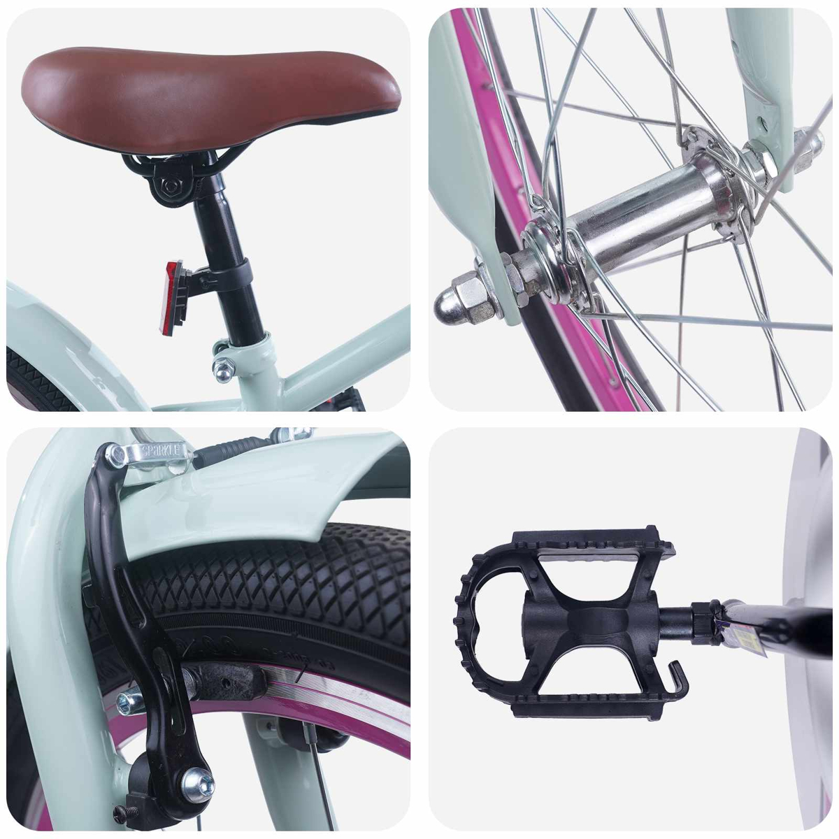 Nahaufnahme eines mintgrünen Fahrrads: Sattel, Radnabe, Bremse und Pedal.
