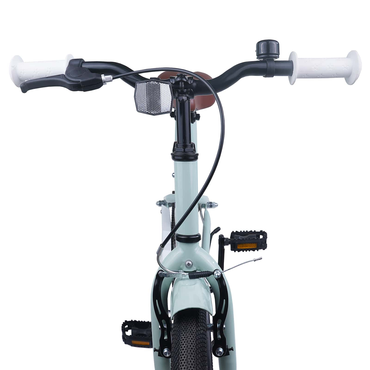 Hellgrünes Fahrrad, Vorderansicht, Lenker, Bremsen, Pedale, Klingel.