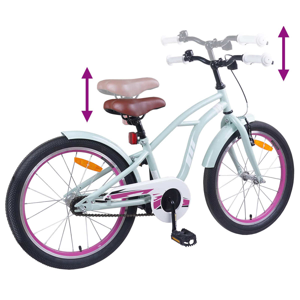 Ein hellblaues Fahrrad mit pinken Felgen, verstellbarem Sattel und Lenker.
