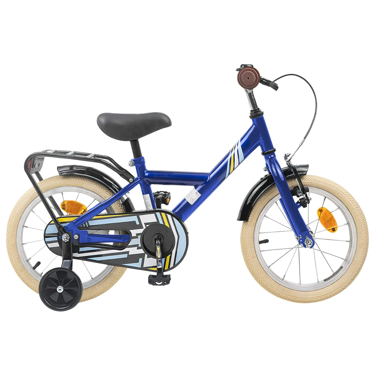 Ein blaues Kinderfahrrad mit Stützrädern, beigen Reifen und Gepäckträger.