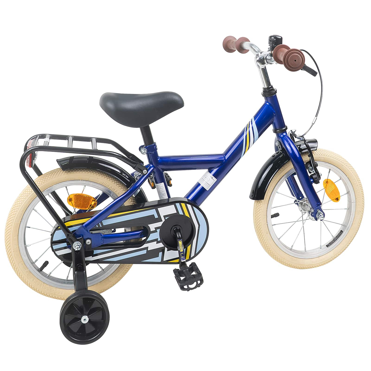 Ein blaues Kinderfahrrad mit Stützrädern, Gepäckträger und braunen Griffen.