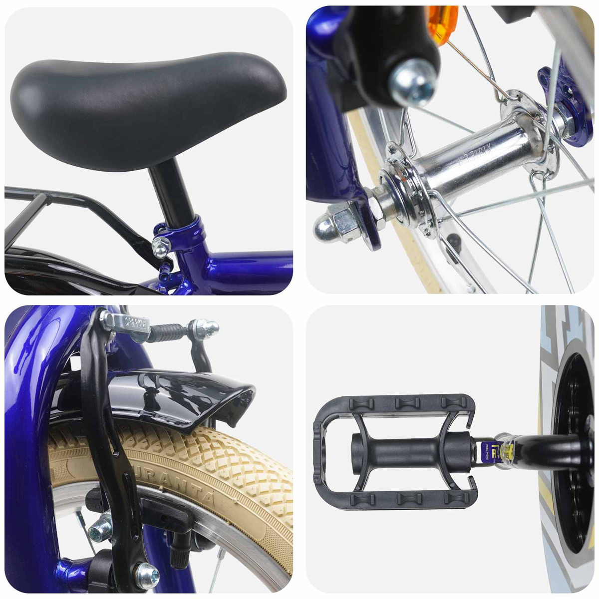Details eines blauen Fahrrads: Sattel, Vorderradnabe, Bremse und Pedal.