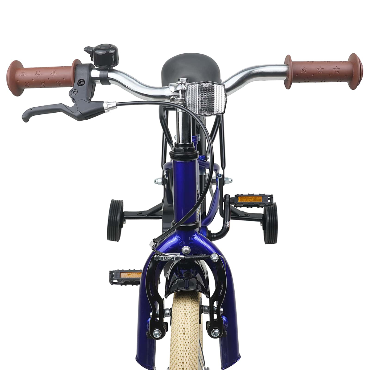 Blaues Kinderfahrrad mit Stützrädern, braunen Griffen und Klingel.