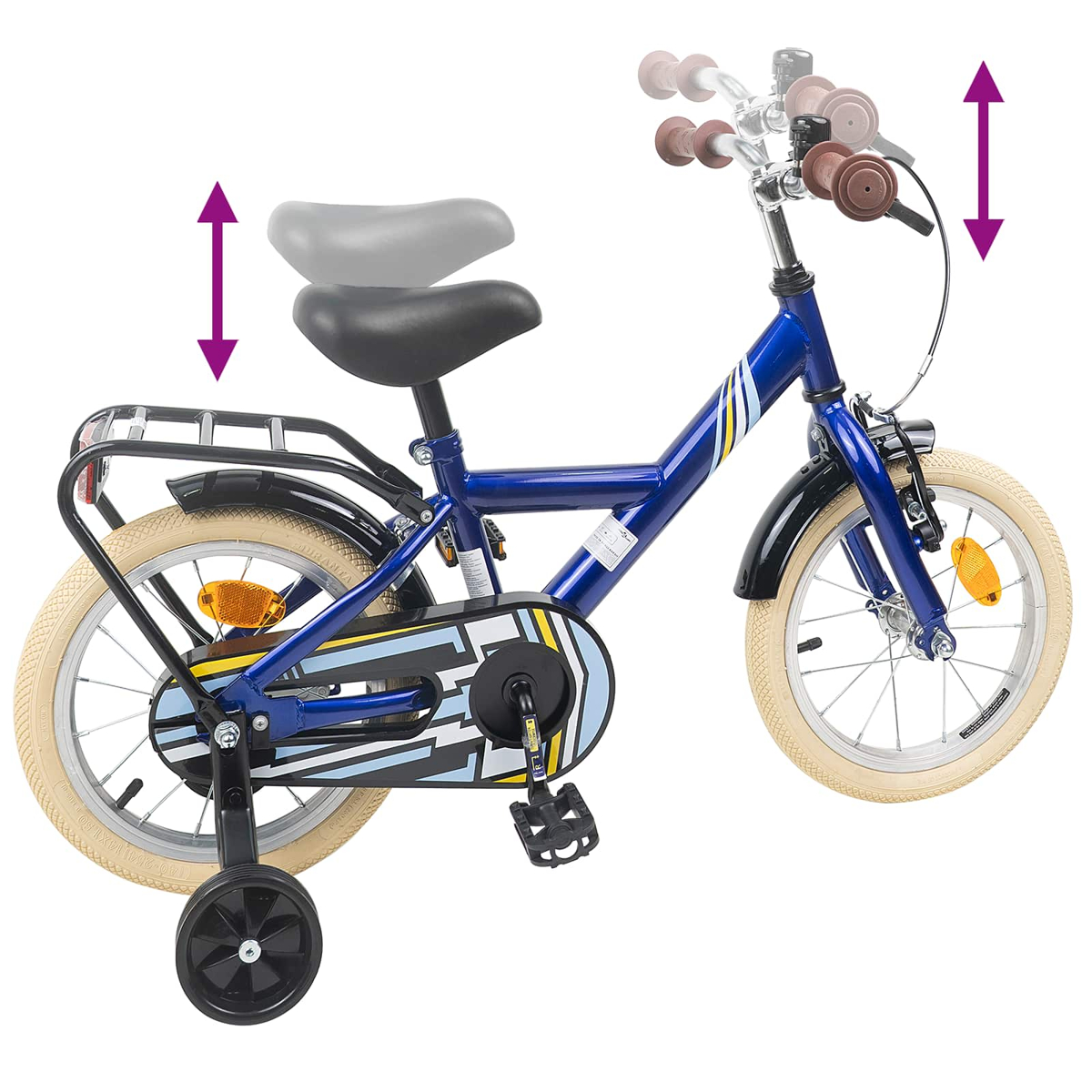 Blaues Kinderfahrrad mit Stützrädern, Gepäckträger und verstellbarem Sattel/Lenker.