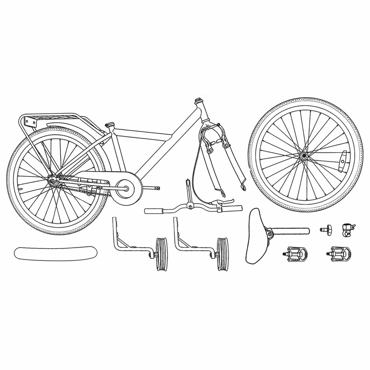 Ein Fahrradrahmen mit Rädern, Lenker, Sattel, Pedalen und Stützrädern.