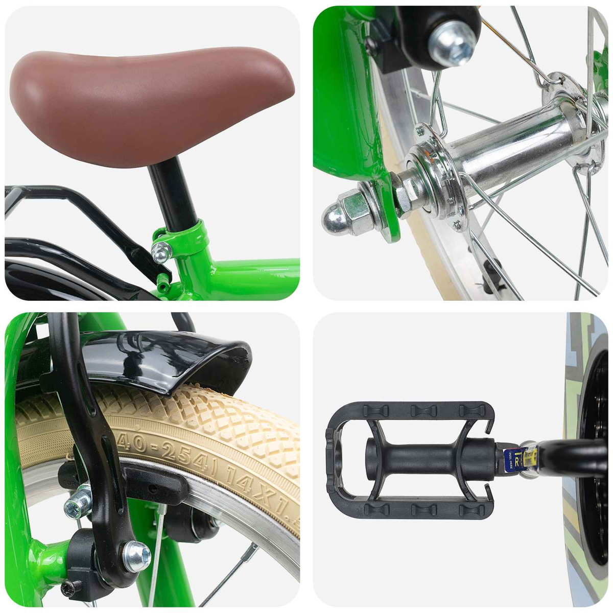 Nahaufnahme eines grünen Fahrrads: Sitz, Radnabe, Reifen und Pedal.