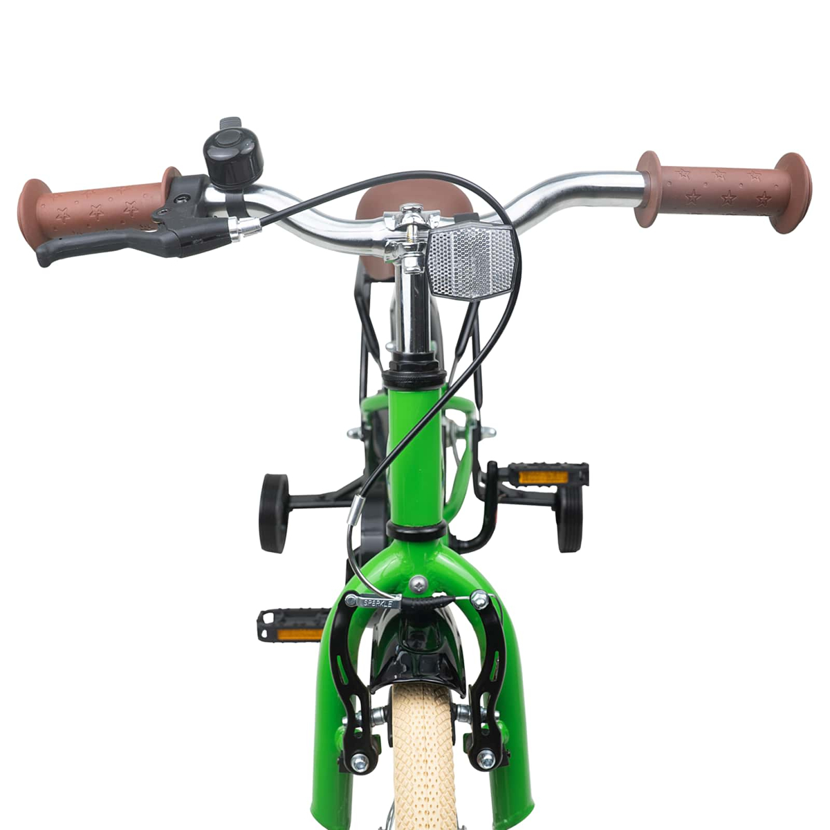 Vorderansicht eines grünen Fahrrads mit braunem Lenker, Klingel, Stützrädern und beigefarbenem Reifen.