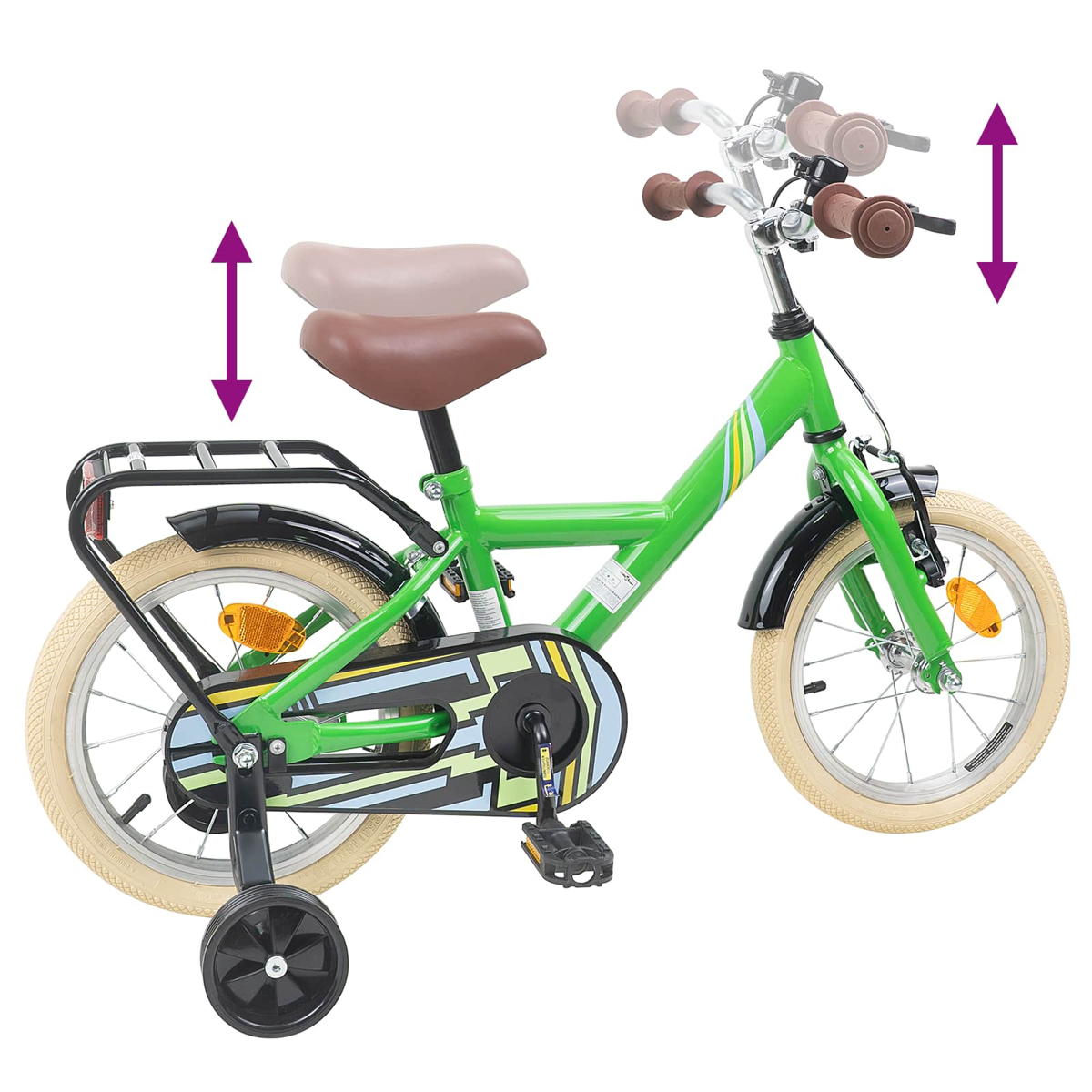 Grünes Kinderfahrrad mit Stützrädern, Gepäckträger und verstellbarem Sattel/Lenker.