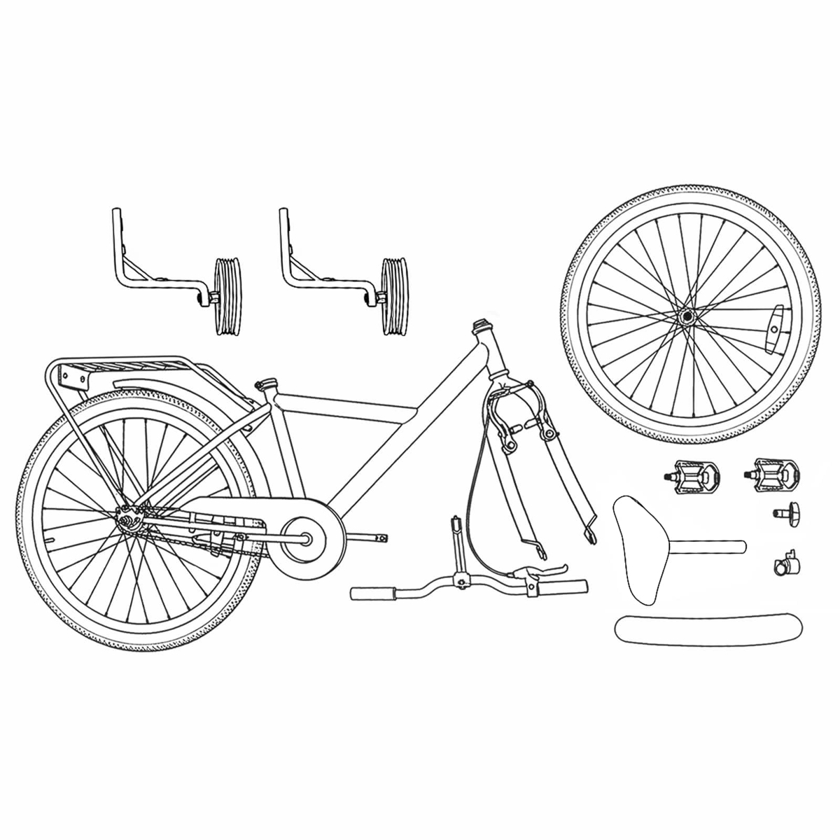 Zeichnung eines Fahrradrahmens mit Rädern, Pedalen, Sattel und Stützrädern.
