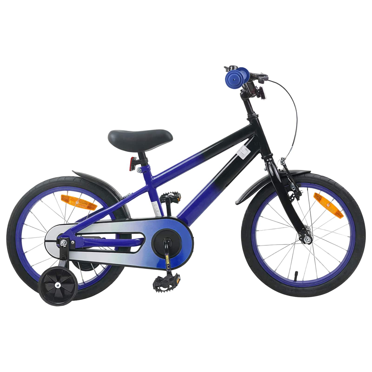 Ein blau-schwarzes Kinderfahrrad mit Stützrädern und blauen Felgen.