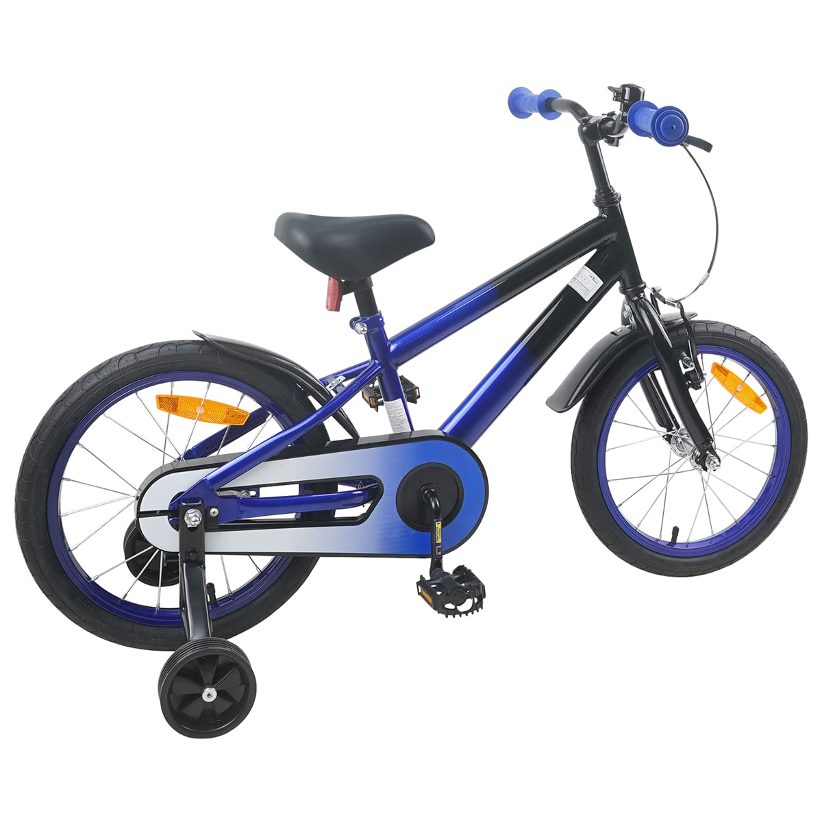 Ein blau-schwarzes Kinderfahrrad mit Stützrädern und blauen Lenkern.
