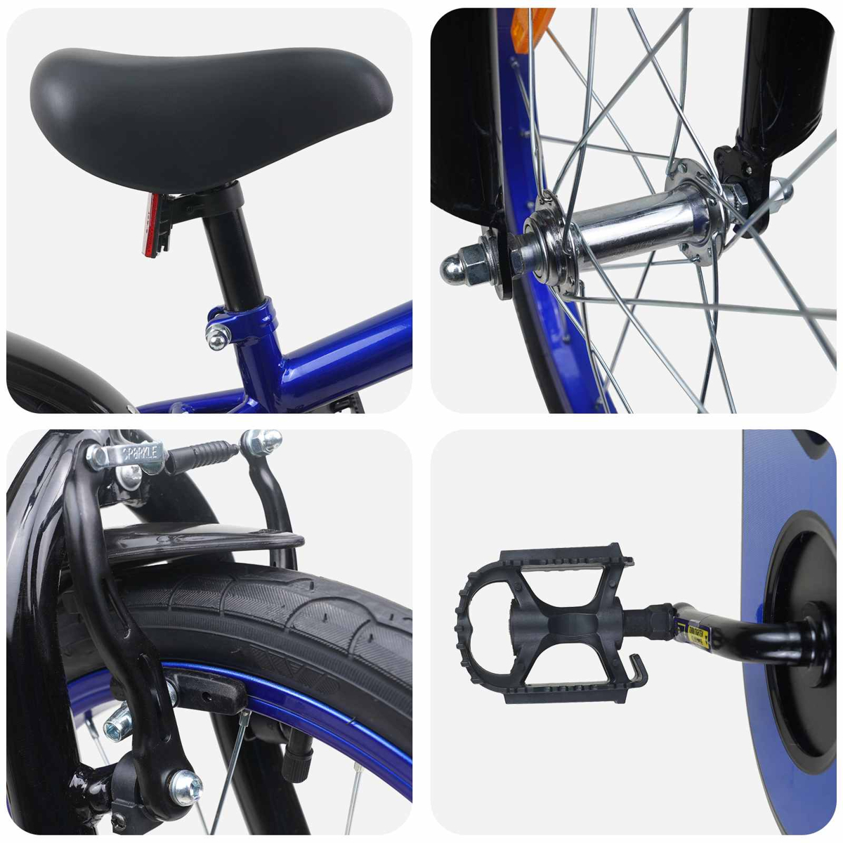 Details eines blauen Fahrrads: Sattel, Vorderradnabe, Bremse und Pedal.