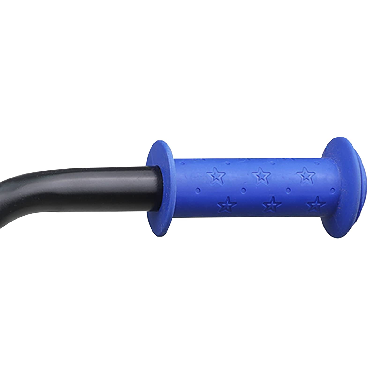 Ein blauer Fahrradgriff mit Sternenmuster und einem schwarzen Lenkerteil.