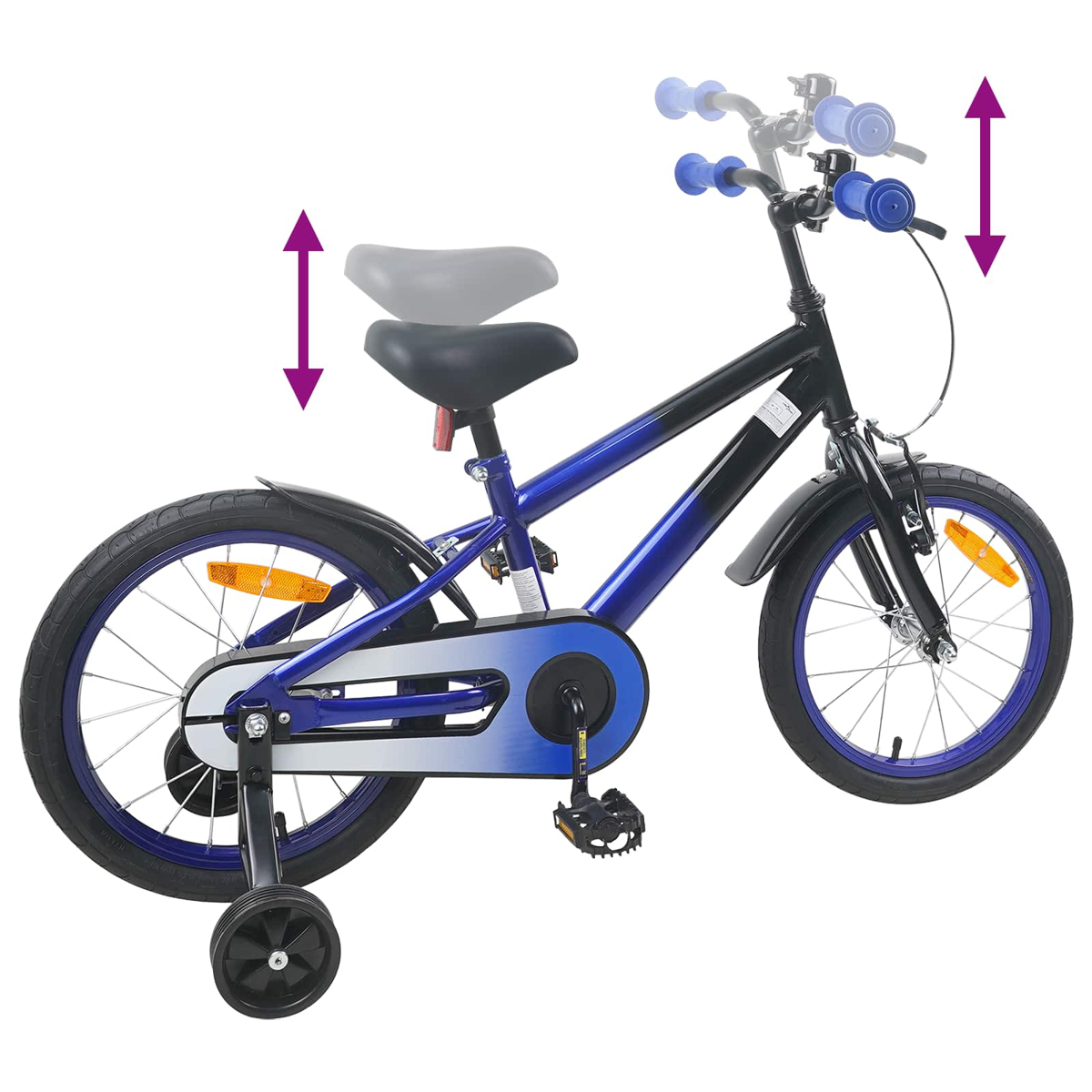 Blaues und schwarzes Kinderfahrrad mit Stützrädern und verstellbarem Sitz/Lenker.