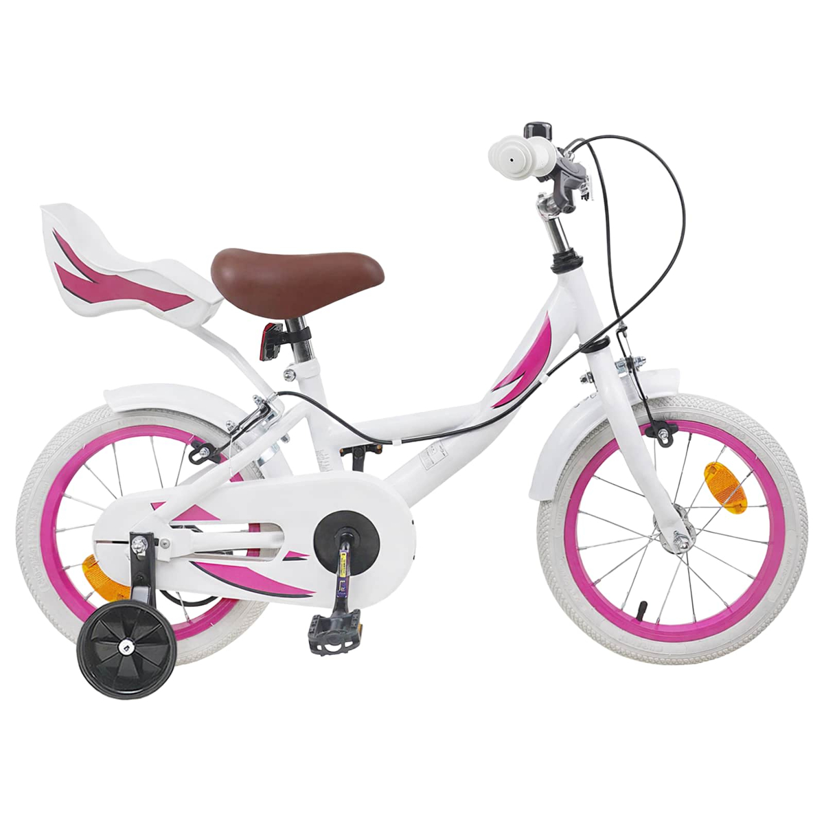 Weißes Kinderfahrrad mit pinken Akzenten, Stützrädern und braunem Sattel.