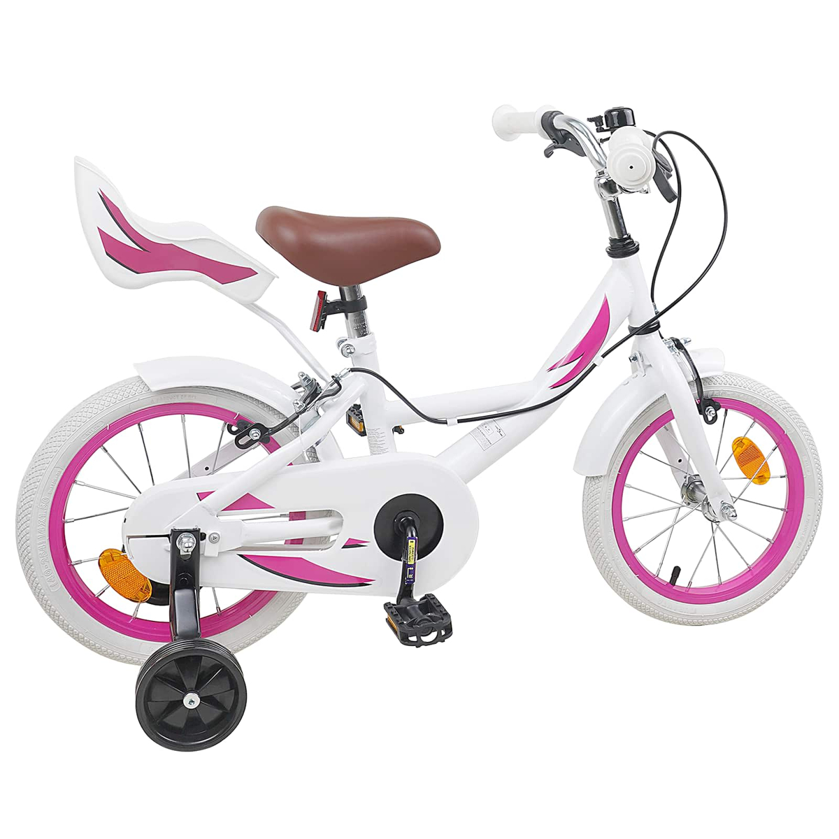 Ein weißes Kinderfahrrad mit pinken Akzenten, braunem Sattel und Stützrädern.