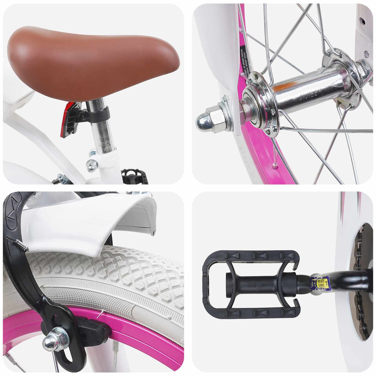 Details einer weißen und pinken Kinderfahrrad: Sattel, Radnabe, Bremse, Pedal.