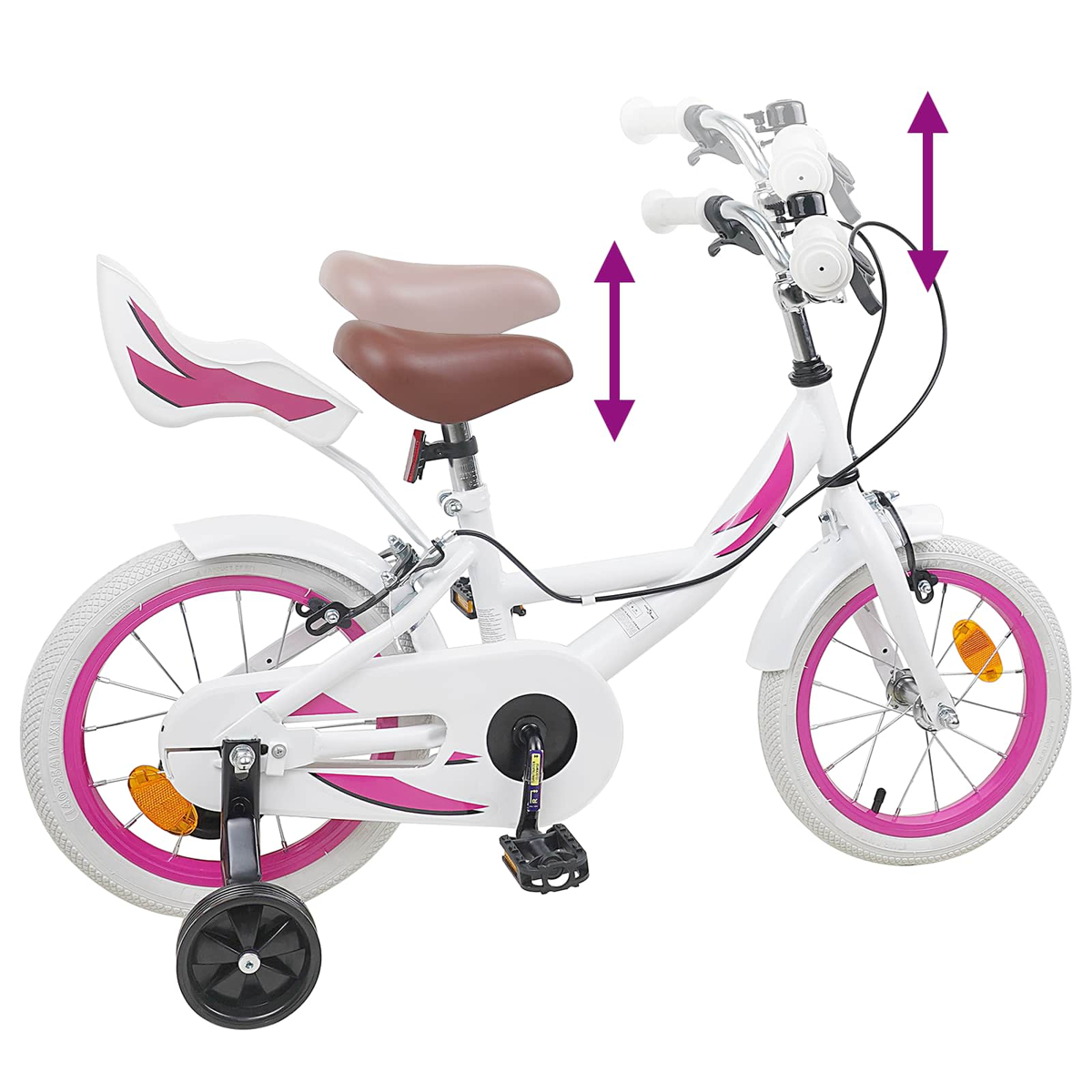 Weißes Kinderfahrrad mit pinken Akzenten, Stützrädern und verstellbarer Sitzhöhe.