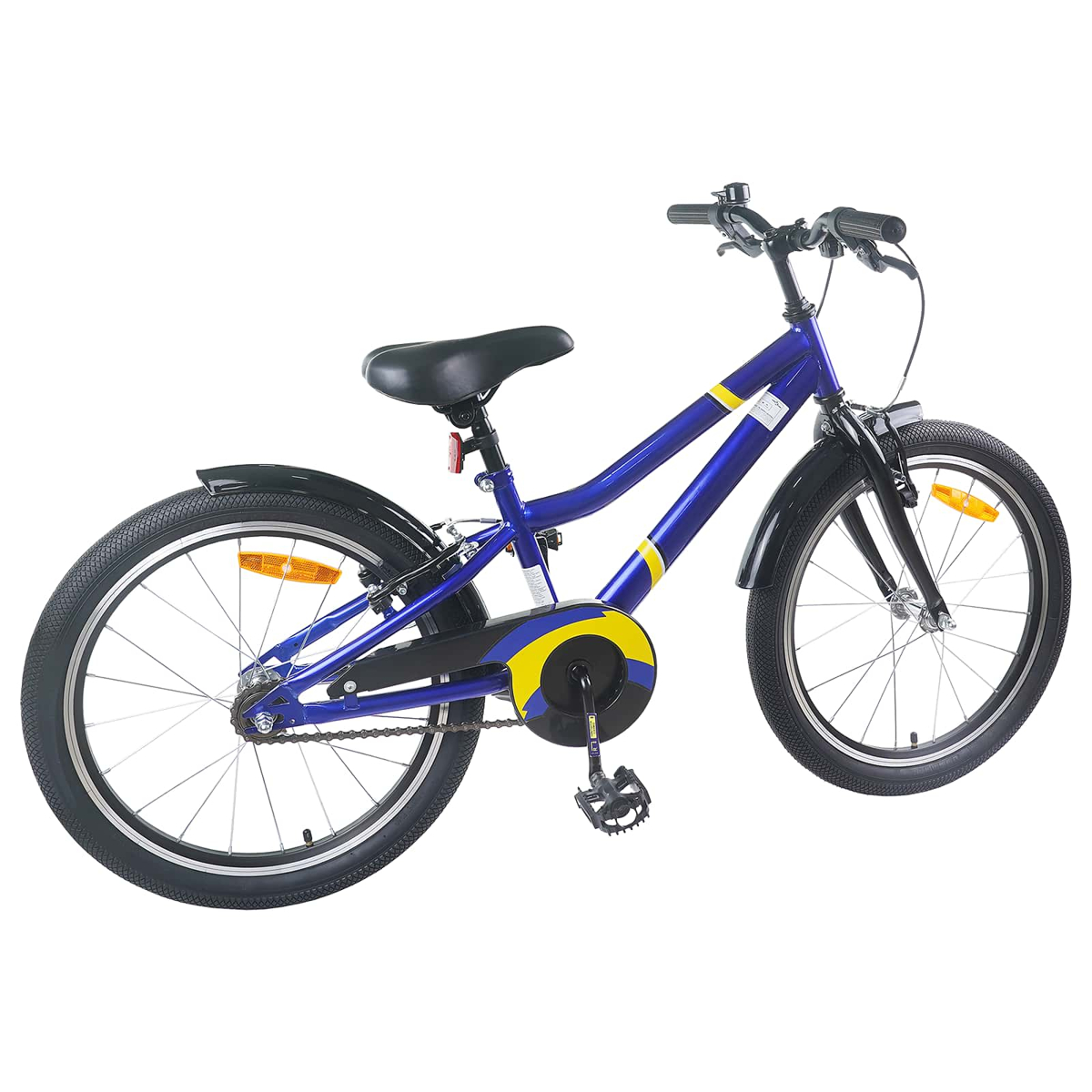 Ein blaues Kinderfahrrad mit gelben Streifen und schwarzen Schutzblechen.