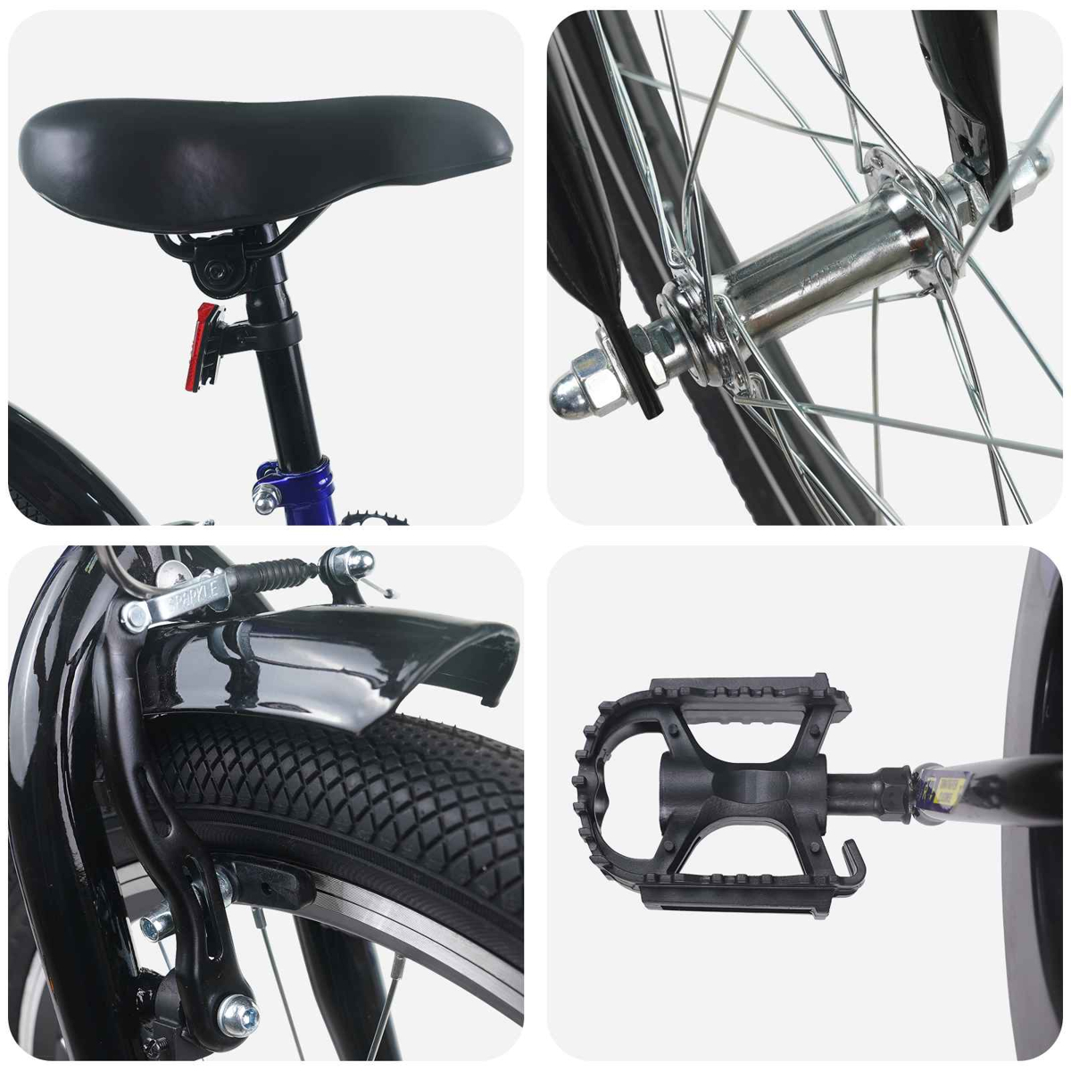 Collage aus Fahrradteilen: Sattel, Hinterradnabe, Vorderradbremse und Reifen, Pedal.