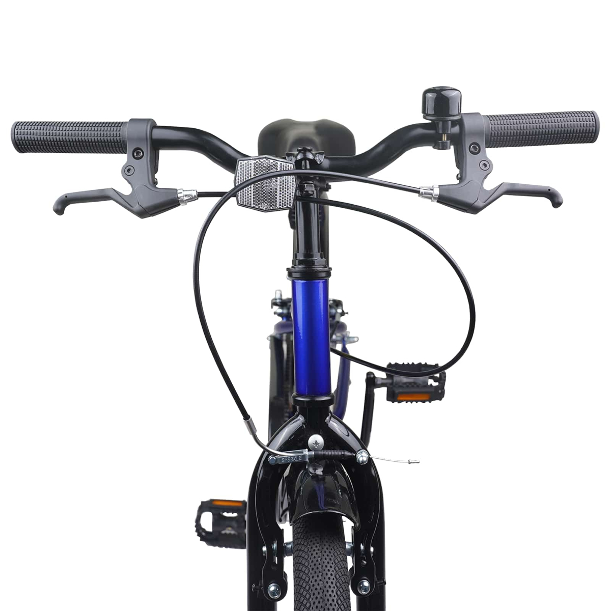 Vorderansicht eines blauen Fahrrads mit Lenker, Bremsen, Klingel und Rad.