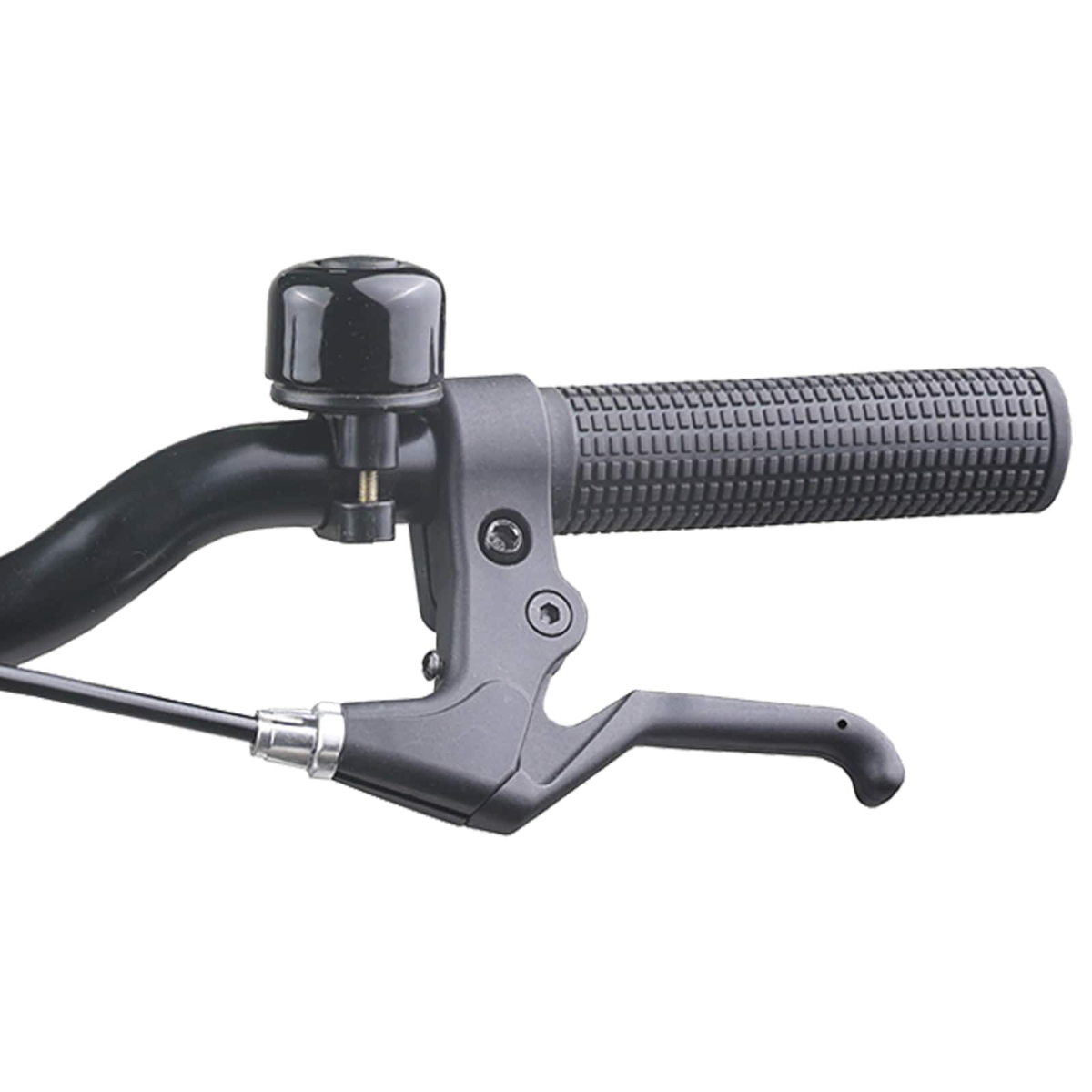 Nahaufnahme eines Fahrradlenkers mit Griff, Bremshebel und Klingel.