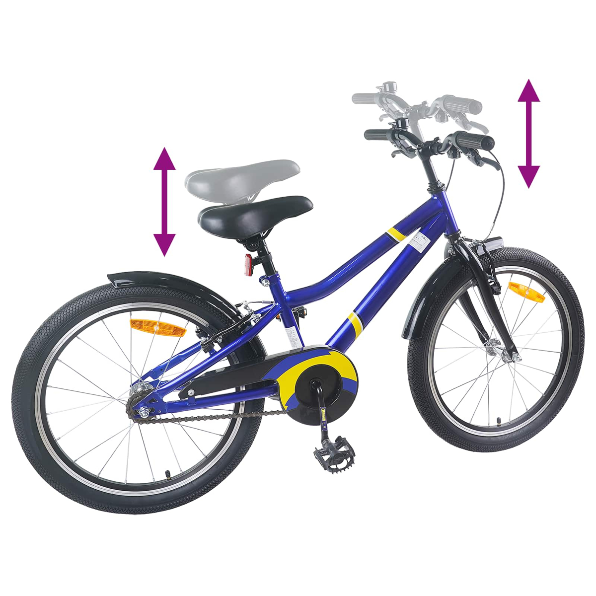 Blaues Kinderfahrrad mit gelben Streifen, verstellbarer Sattel und Lenker.