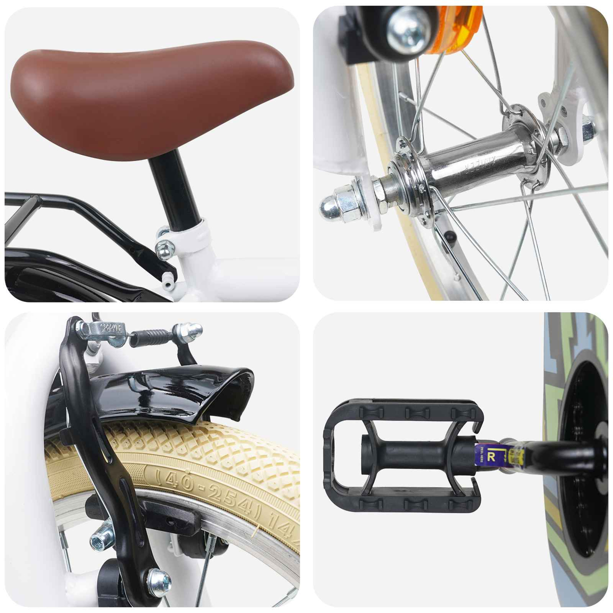 Nahaufnahmen eines Fahrrads: brauner Sattel, Vorderradnabe, Bremse und Reifen, und schwarzes Pedal.