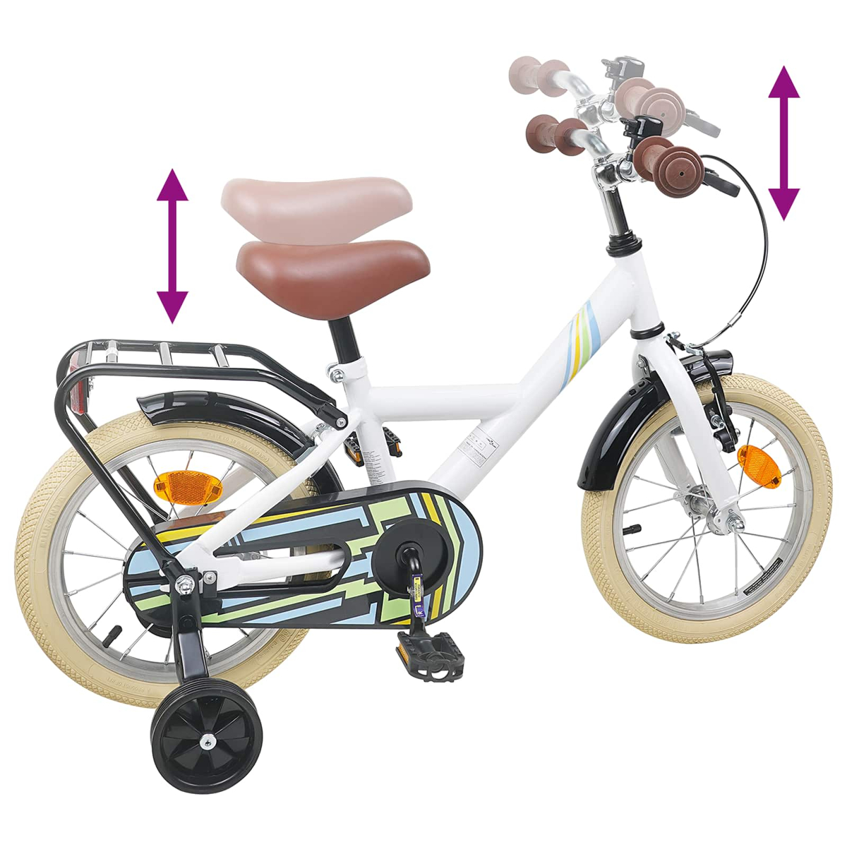 Ein weißes Kinderfahrrad mit Stützrädern, braunem Sattel und verstellbarem Lenker.