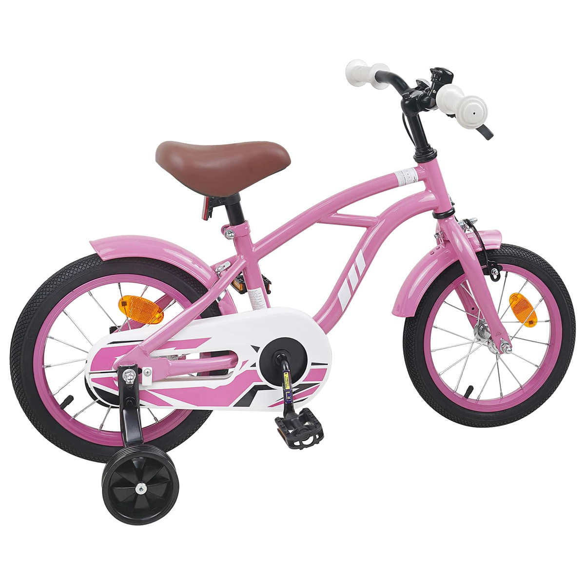 Ein rosa Kinderfahrrad mit Stützrädern, braunem Sattel und weißen Griffen.