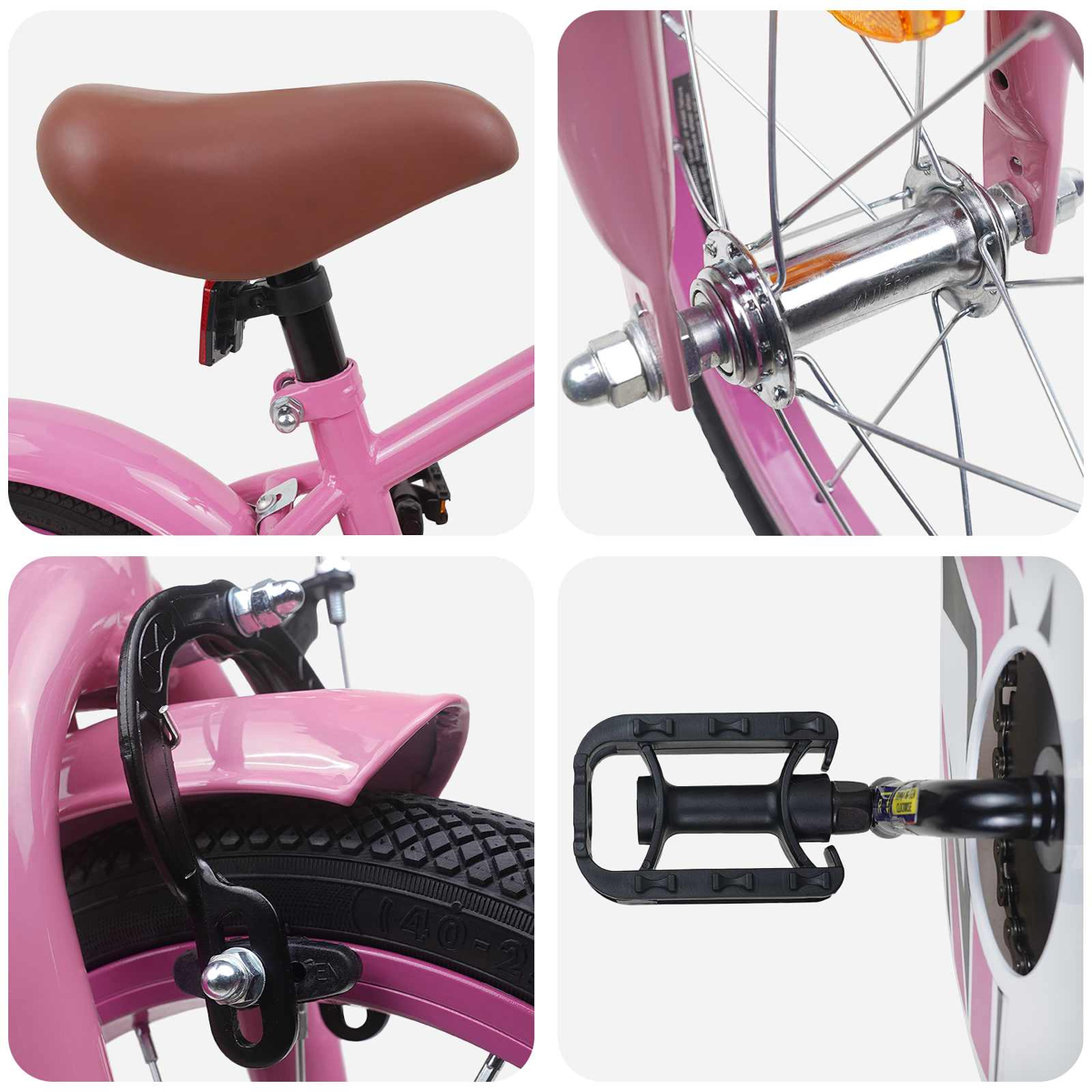 Nahaufnahmen eines pinken Fahrrads: brauner Sattel, Radnabe, Bremse und Pedal.