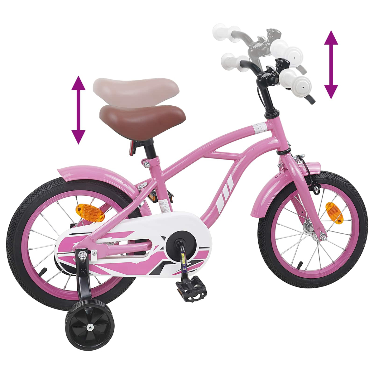 Rosa Kinderfahrrad mit Stützrädern und verstellbarem Sattel/Lenker.