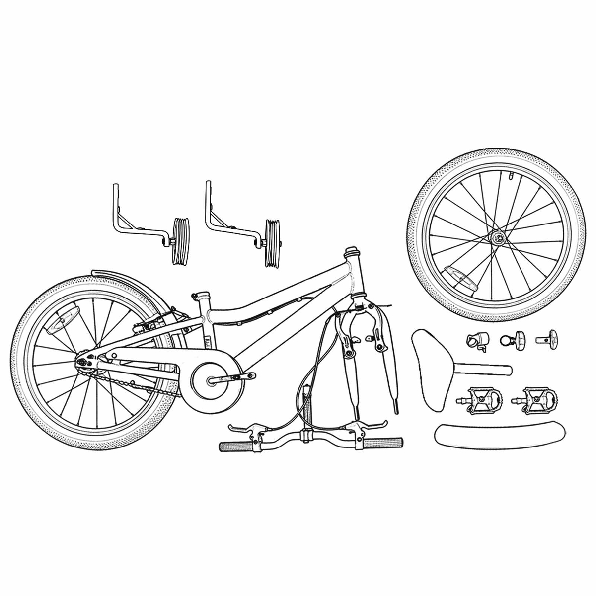 Technische Zeichnung eines Fahrradrahmens mit Rädern, Pedalen, Sattel und Stützrädern.