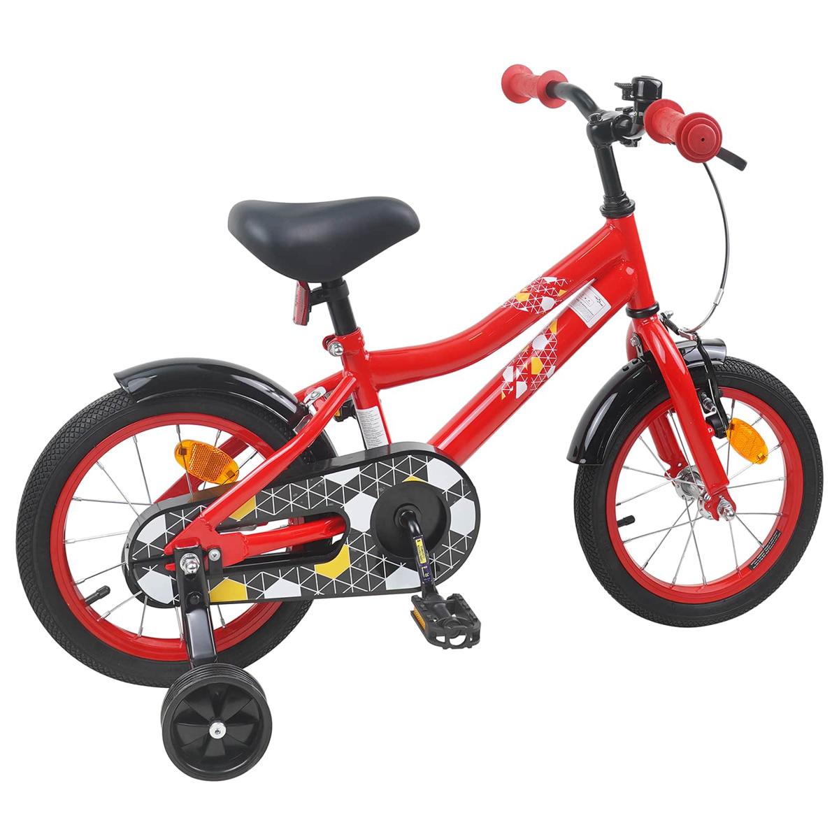 Rotes Kinderfahrrad mit Stützrädern, schwarzem Sattel und schwarzen Schutzblechen.