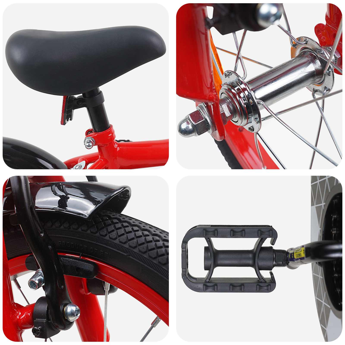 Collage aus roten Fahrradteilen: Sattel, Vorderradnabe, Bremse und Reifen sowie Pedal.