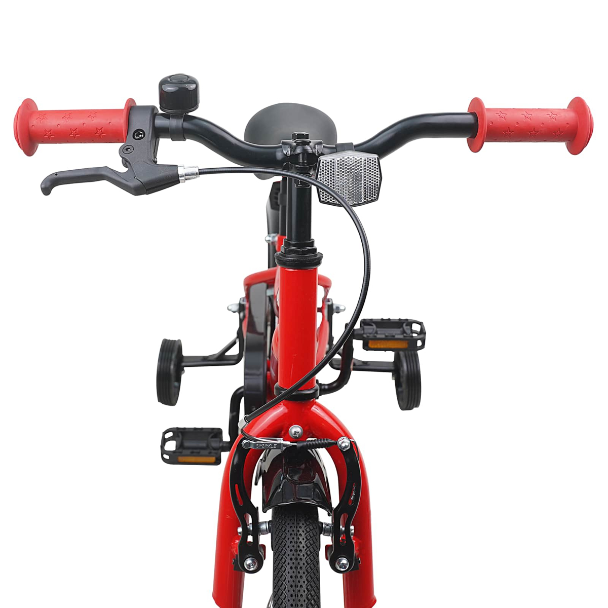 Rotes Kinderfahrrad mit Stützrädern, Vorderansicht, Lenker mit Griffen und Klingel.