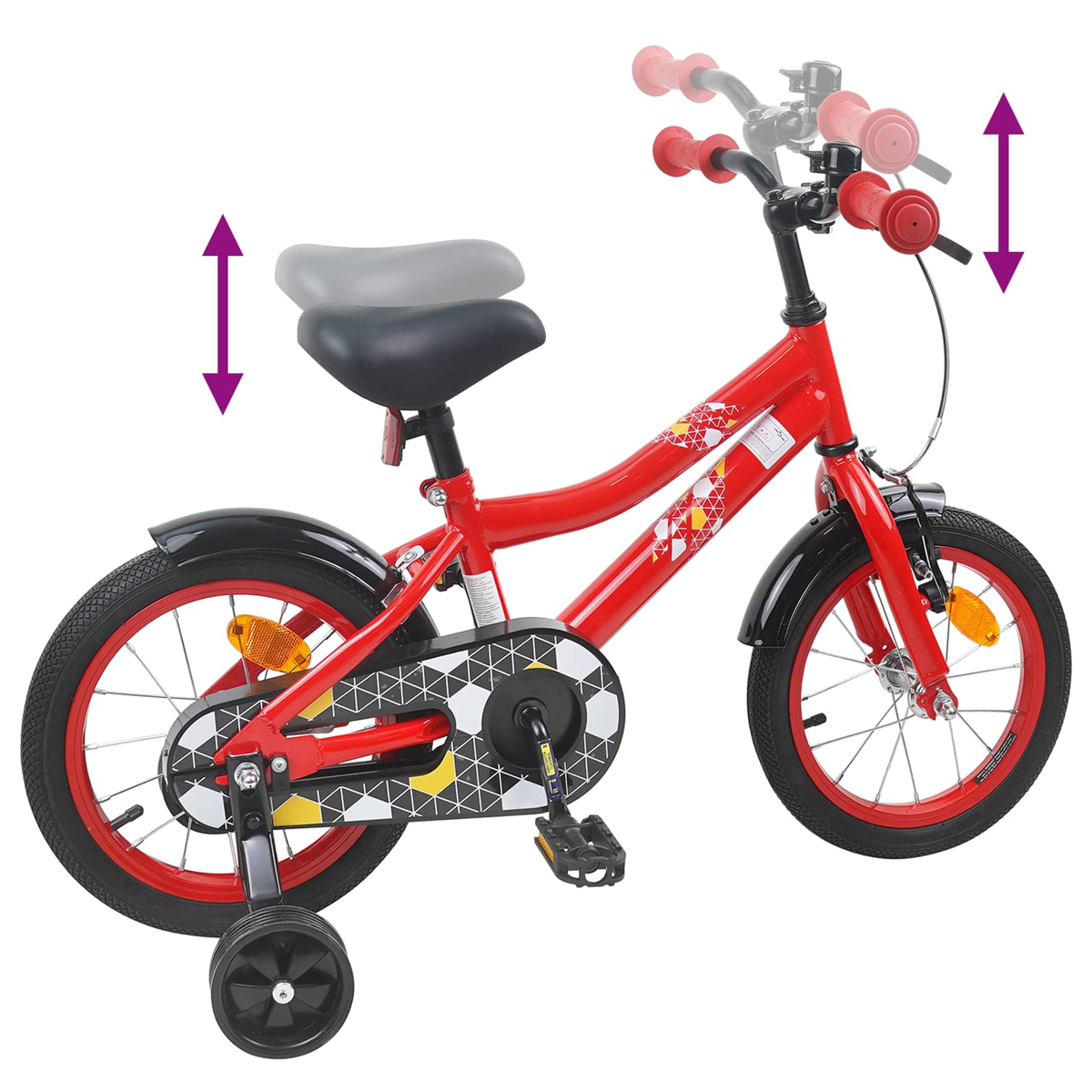 Ein rotes Kinderfahrrad mit Stützrädern, verstellbarer Sattelhöhe und Lenker.