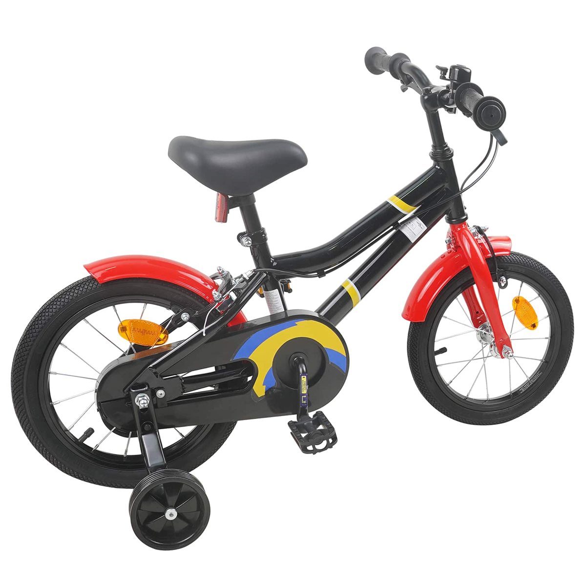 Ein schwarzes Kinderfahrrad mit roten Schutzblechen und Stützrädern.