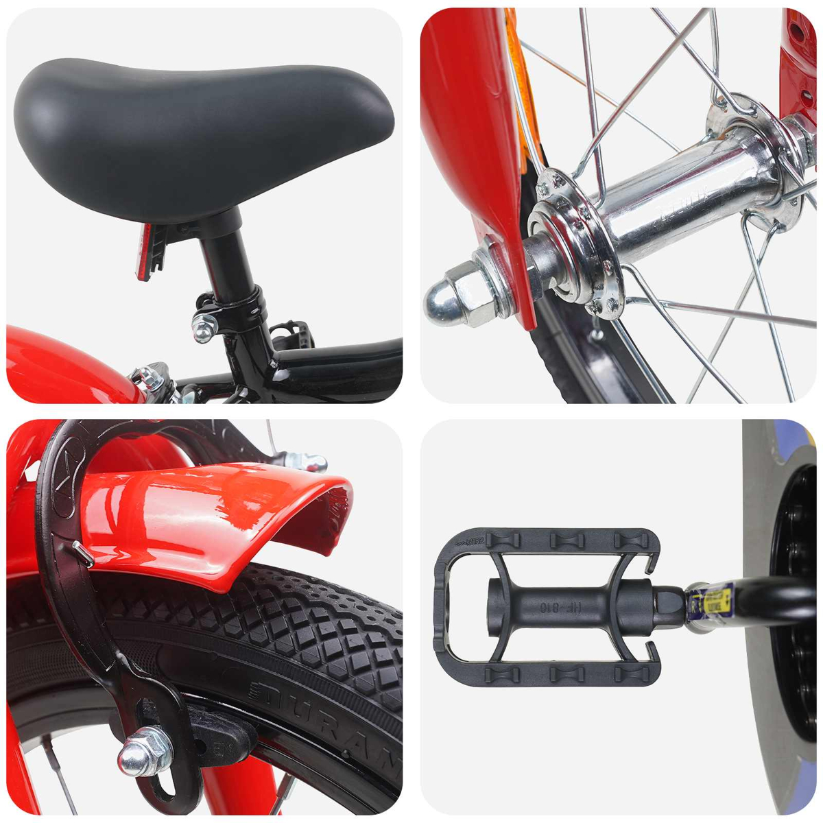Collage aus Fahrradteilen: Sattel, Vorderradnabe, Hinterradbremse und Pedal.