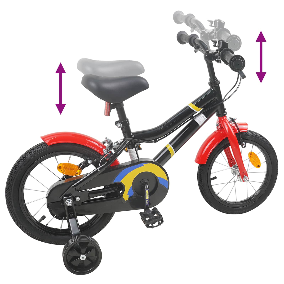 Ein schwarzes Kinderfahrrad mit roten Schutzblechen und Stützrädern. Sitz und Lenker sind verstellbar.