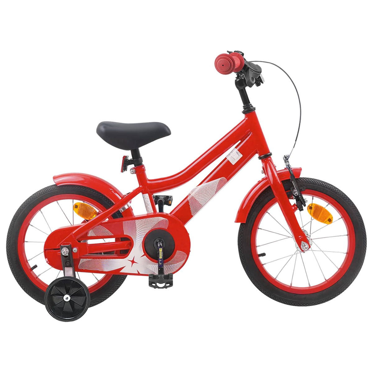 Ein rotes Kinderfahrrad mit Stützrädern und schwarzen Reifen.