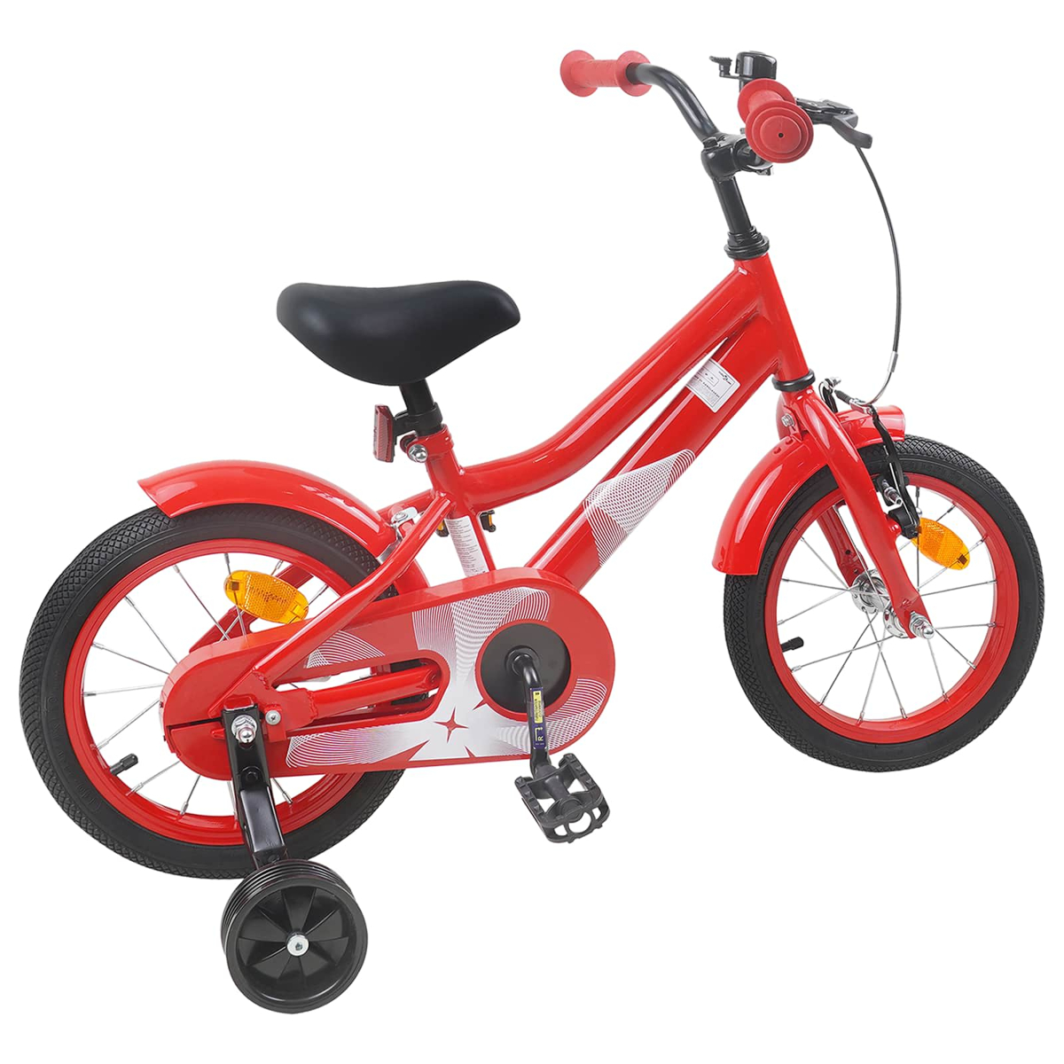 Ein rotes Kinderfahrrad mit Stützrädern, schwarzem Sattel und Griffen.
