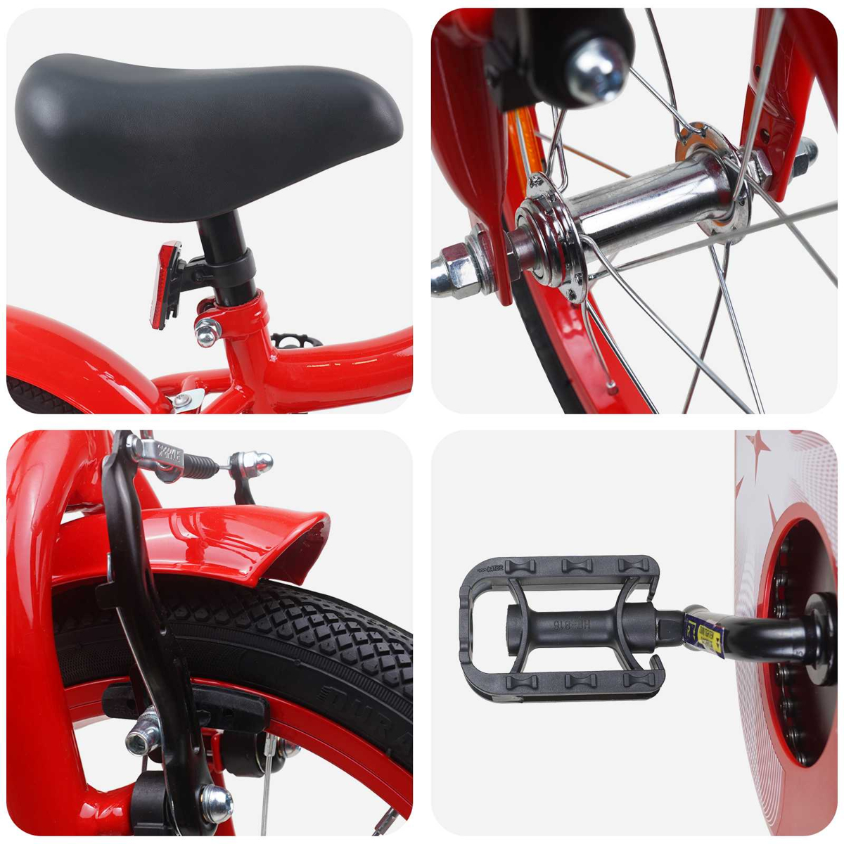 Collage eines roten Fahrrads: Sitz, Vorderradnabe, Hinterradbremse und Pedal.