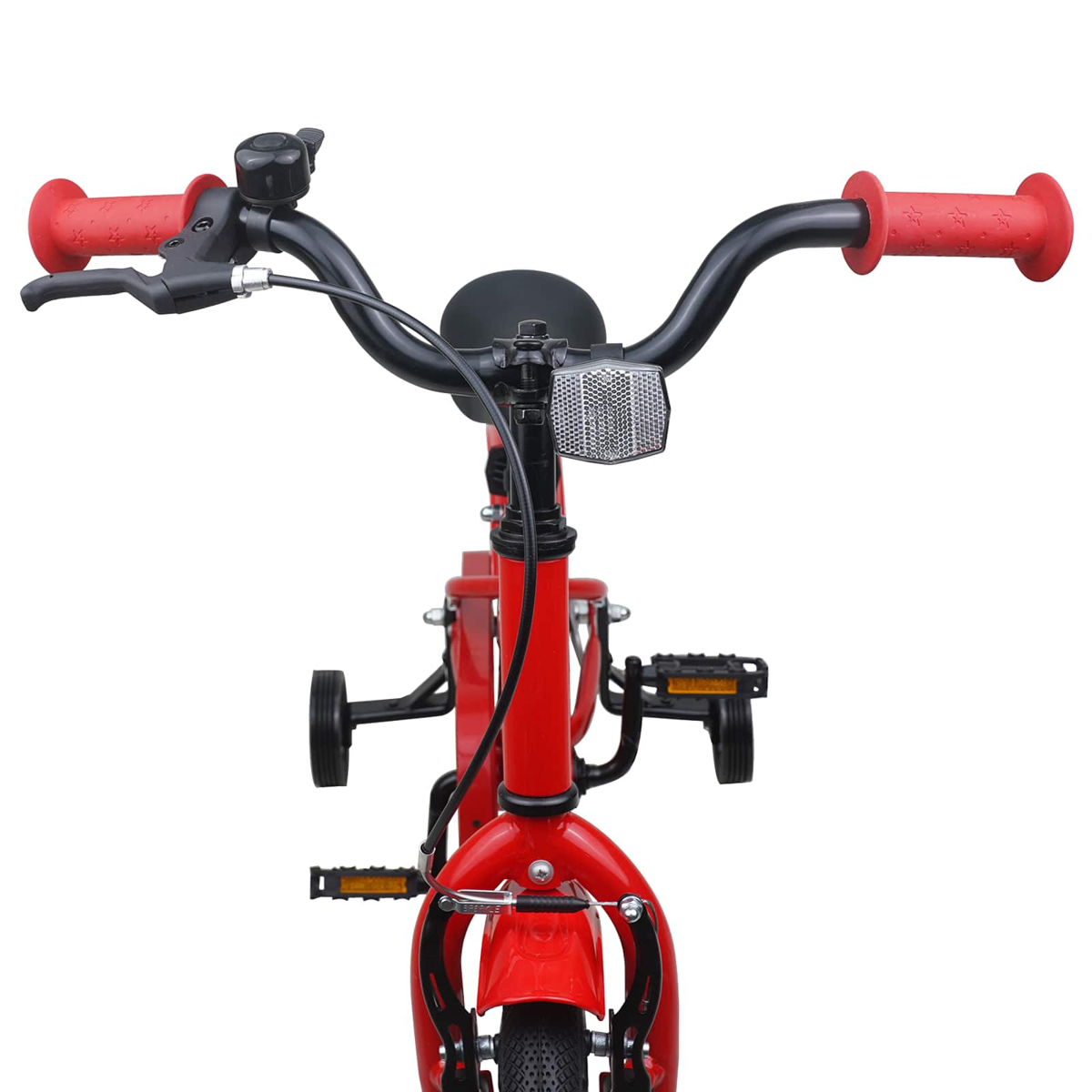 Rotes Kinderfahrrad mit Stützrädern, Lenker mit roten Griffen und Klingel.